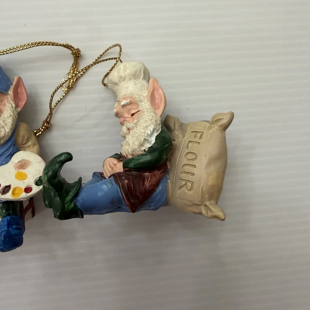 Vintage Christmas Elf Ornament Lot Of 3 Taiwan Pixie Gnome Painter Baker Gifts